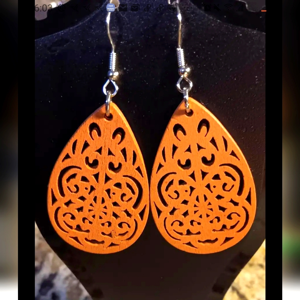 Beautiful Orange Oblong Wooden Earrings